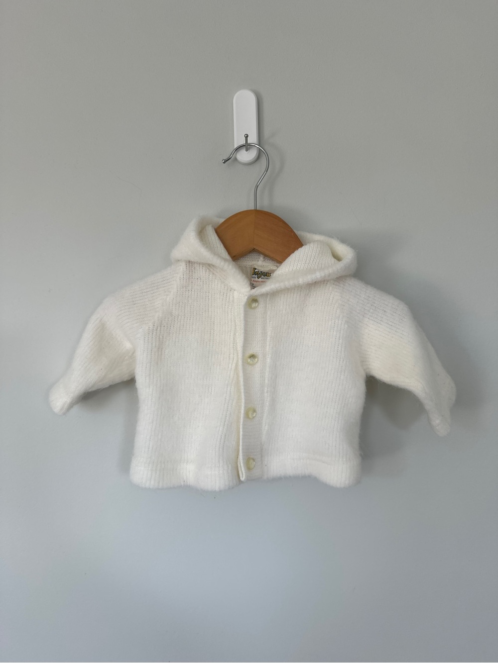 Vintage Anjou - Cream Hooded Baby Cardigan - Knit Button-Up Size 0-3m